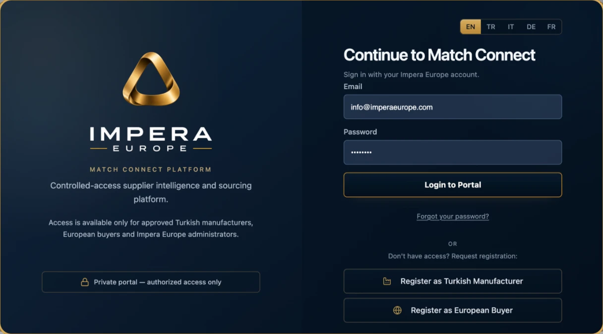 Anmeldeseite von Impera Match Connect